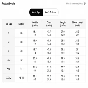 Men's sports hoodie size chart detailing shoulders, chest, and length measurements for fit.