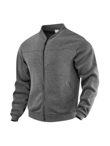 Herren einfarbige dunkelgraue Fleece Reißverschluss Bomberjacke lässige Herbst Winter Jacke