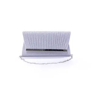 Silver glitter evening bag detail showing pleated texture, metal bar, and chain strap.