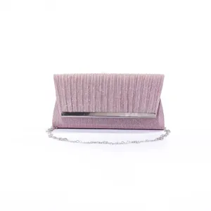 Pink glitter pleated evening clutch bag detail, metal bar closure with silver chain strap.