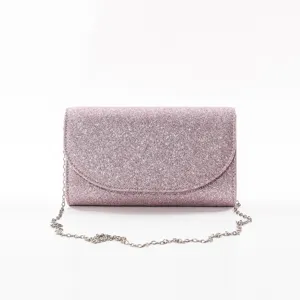 Pink glitter evening bag with chain, stylish minimalist clutch for women parties and events.