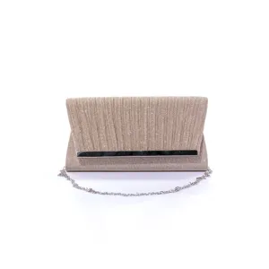Glitter evening clutch detail view, shimmering fabric texture and elegant silver chain strap.