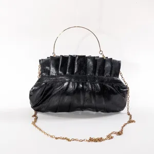 Black PU Leather Pleated Clutch Handbag with Gold Chain Strap Vintage Evening Bag for Women