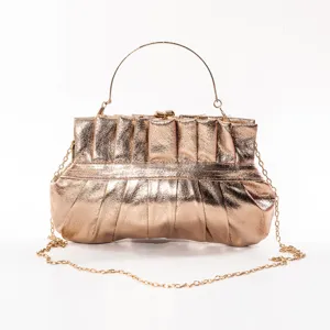 Women PU Leather Pleated Clutch Bag Elegant Solid Color Chain Crossbody Bag French Vintage Evening Party Handbag Purse