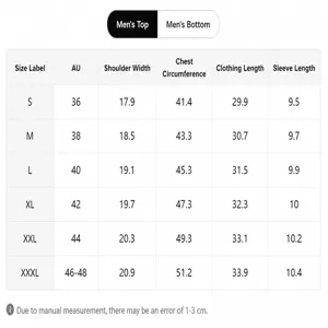 Men's clothing size chart, detailed measurements for bust, shoulder, length, and sleeve.