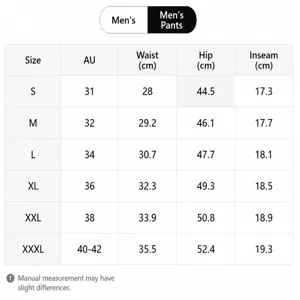 Men's casual shorts size chart with detailed waist, hip and length measurements for sizing.