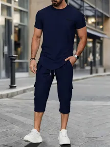 Men's casual short sleeve t-shirt and cargo shorts set, breathable summer sportswear.