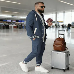 Men's casual hooded tracksuit baseball cardigan long sleeve set detail view fashion apparel.