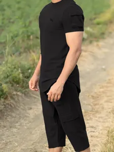 Stylish men's black short sleeve t-shirt and breathable cargo shorts casual athletic suit.