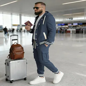 Men's casual hooded cardigan tracksuit set with cargo jogger pants for daily wear and travel.