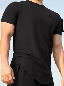 Men's breathable athletic short sleeve t-shirt, casual slim fit solid black top.