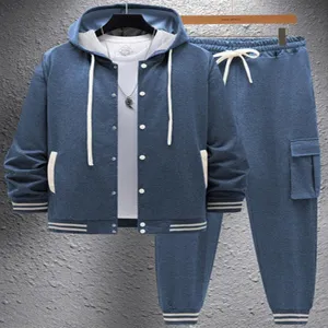 Men blue hooded cardigan tracksuit set with cargo pockets and white drawstrings casual.