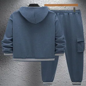 Men's casual long sleeve hooded tracksuit set featuring cargo pants and striped rib cuffs.