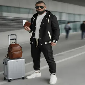 Men casual hooded baseball jacket tracksuit set long sleeve black sportswear streetwear details