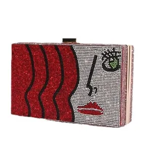 Borsa da sera scintillante in strass con design del viso artistico, elegante borsetta da festa.