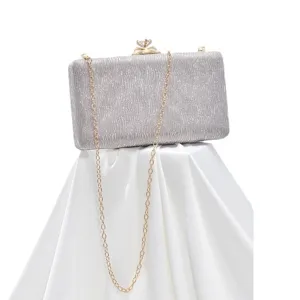 Silver glitter evening clutch bag with gold chain strap for women party prom wedding.