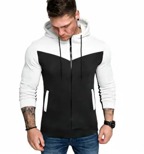 Close-up detail of mens colorblock zip hoodie, stylish contrast sleeves, functional pockets.