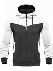 Detail shot of mens color block zip hoodie front view featuring adjustable drawstrings and pockets.