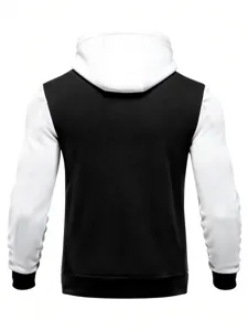 Detail view of the men contrast color block hoodie back, showcasing long sleeves.