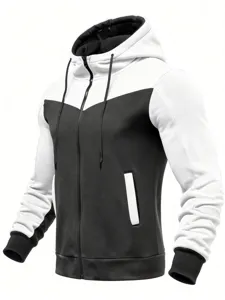 Men's colorblock zip hoodie detail view, features hooded drawstring design and pockets.