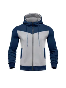 Men's color block zip hoodie detail, casual outdoor athletic sportswear jacket top.