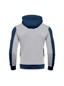 Back view detail showing the grey and blue color-block design of the hooded sweatshirt.