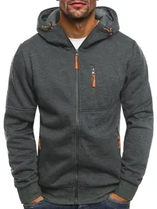Close-up detail of men's dark grey zip-up hoodie featuring vibrant orange zippers and drawstrings.