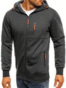 Men grey hooded zip sweatshirt detail close up, long sleeve athletic jacket with orange zippers