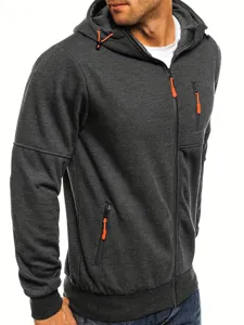 Close-up detail showing the front zipper pocket and orange drawstring of the grey hoodie.