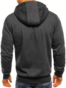 Back view detail of men dark grey hooded sports sweatshirt showcasing hood and sleeve design.
