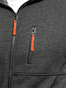 Detailed close-up view of mens active fleece jacket zipper and chest pocket design.