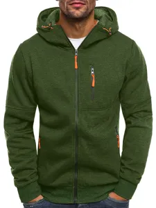Detail view of the dark green textured fleece hooded sweatshirt with bright orange zip pulls.