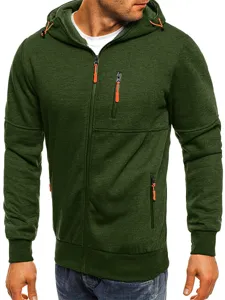 Men's green hooded zip-up sweatshirt jacket with orange details for casual fitness wear.