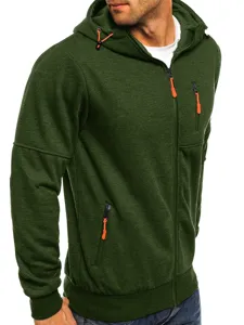 Mens green hooded sweatshirt with orange zippers athletic activewear casual jacket top