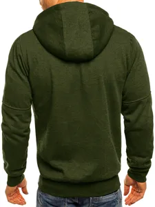 Detailed back view of men's solid army green fleece hooded sweatshirt jacket with cozy fit.