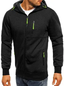 Close-up detail of the stylish dark gray men's zip-up hoodie with bright green zippers.