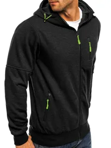 Men's casual hooded sweatshirt detail showing neon green zipper pull and functional pockets.