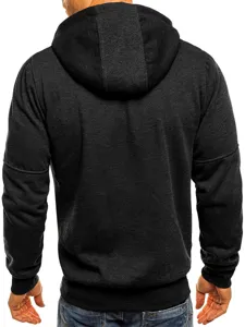Men's solid color long sleeve hooded sweatshirt in dark gray, back view detail show.