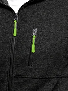 Men black fleece jacket detail shot featuring neon green zipper pullers and chest pocket.
