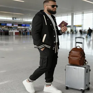 Men's hooded baseball jacket and cargo pants tracksuit, casual streetwear set for daily wear.