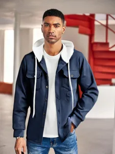 Veste chemise homme à capuche jacquard manches longues bloc de couleur style printemps.