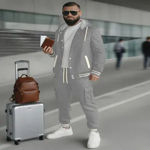 Men grey hooded baseball jacket tracksuit casual long sleeve sweatshirt cargo pants set