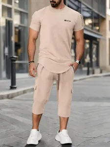 Men's casual short sleeve t-shirt and cargo shorts set, showing daily wear style and fit.