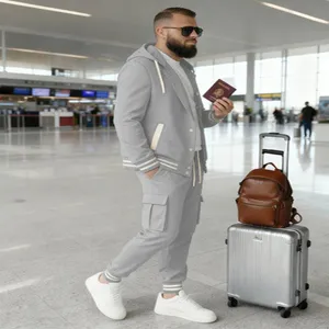 Men grey hooded cardigan sweatshirt cargo pants set casual long sleeve sportswear outfit