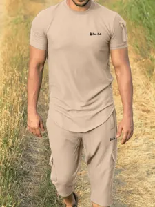 Men casual short sleeve tracksuit khaki outfit comfortable breathable set for men summer