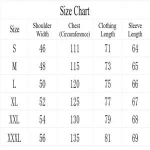 Men's size chart for fashion casual autumn winter long sleeve zipper hoodie and sweatshirt.