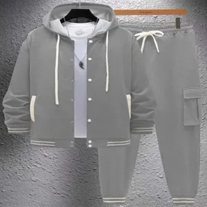 Men's grey hooded baseball cardigan jacket and matching cargo sweatpants casual set.
