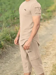 Mens summer short sleeve ribbed casual cargo set breathable khaki two piece outfit activewear