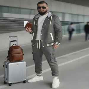 Men's twill hooded bomber jacket and cargo sweatpants set for casual daily wear stylish outfit.