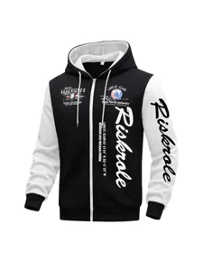 Mens colorblock zip up hoodie casual hooded sweatshirt with print letters long sleeve pocket